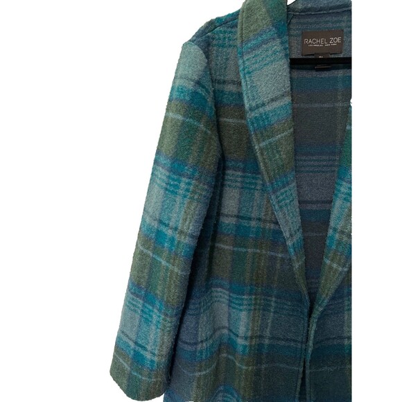 Rachel Zoe Open Front Wool Blend Green Plaid Jacket SZ L - Picture 3 of 11